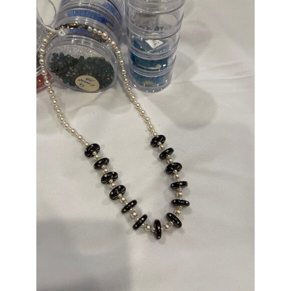 Bone Disc with Austrian Pearls - Handcrafted Crystal Beaded 20" Necklace - Picture 2 of 4